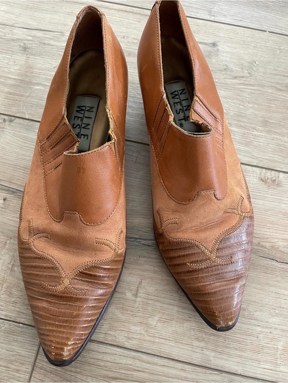 Vintage 90s Nine West Leather Western Cowboy Ankle Boots Camel Size 8
